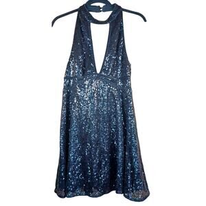 HYFVE Black Sequin Halter Mini Dress NWOT Size M Plunging V-Neck Party Dress